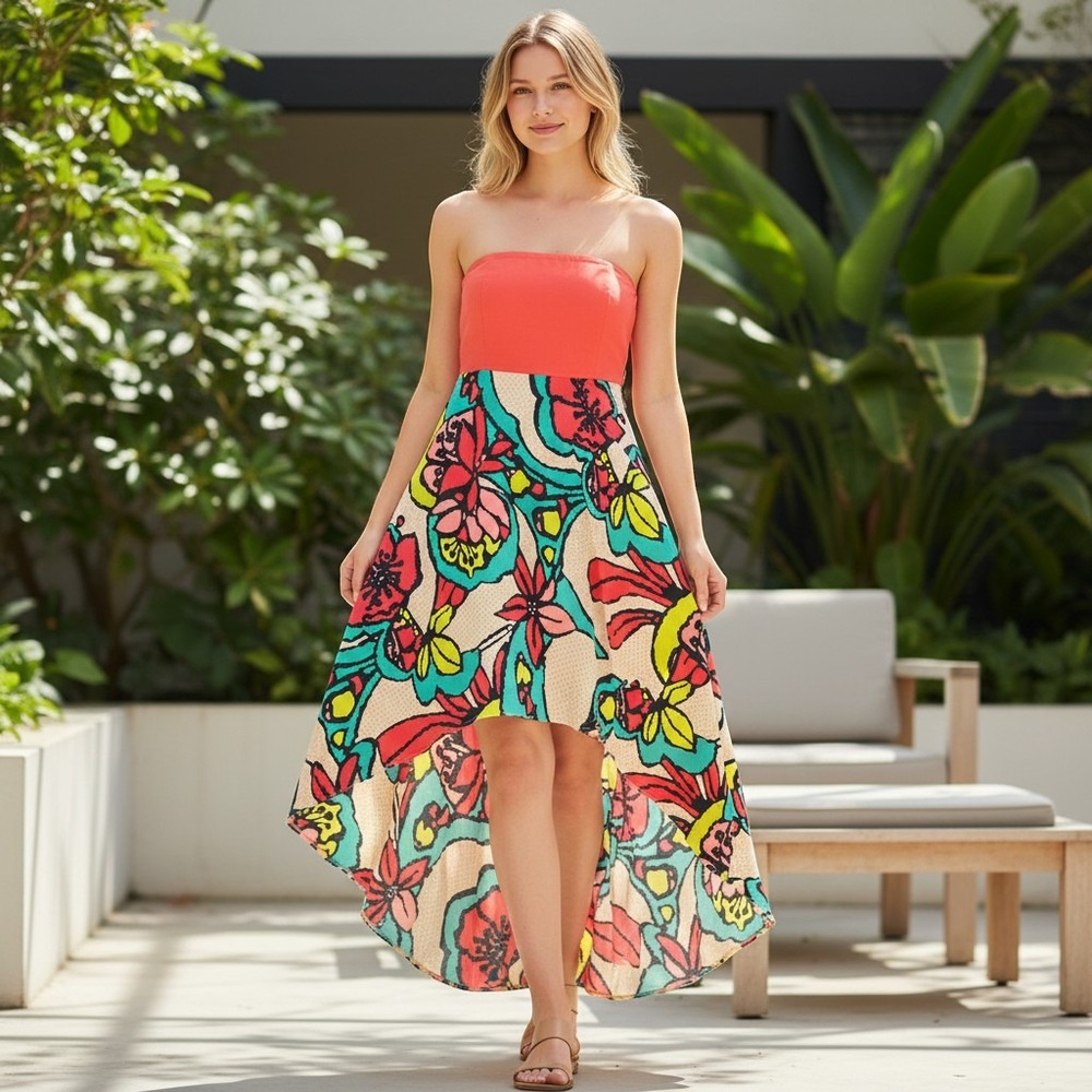 Judith March Floral High‎ Low Strapless Maxi Dress Multicolor Size M vtg tag